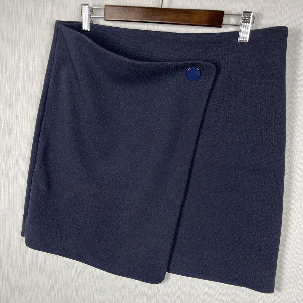 LOFT Faux Wrap Mini Skirt Womens 12 Navy Blue Button Detail Asym Workwear Preppy